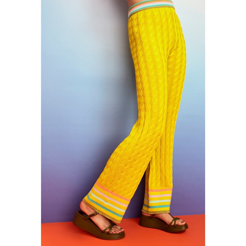 Yanyan Drop Pant Cable Stitch Striped Hem Ankle - Small (S/M) - Lemon